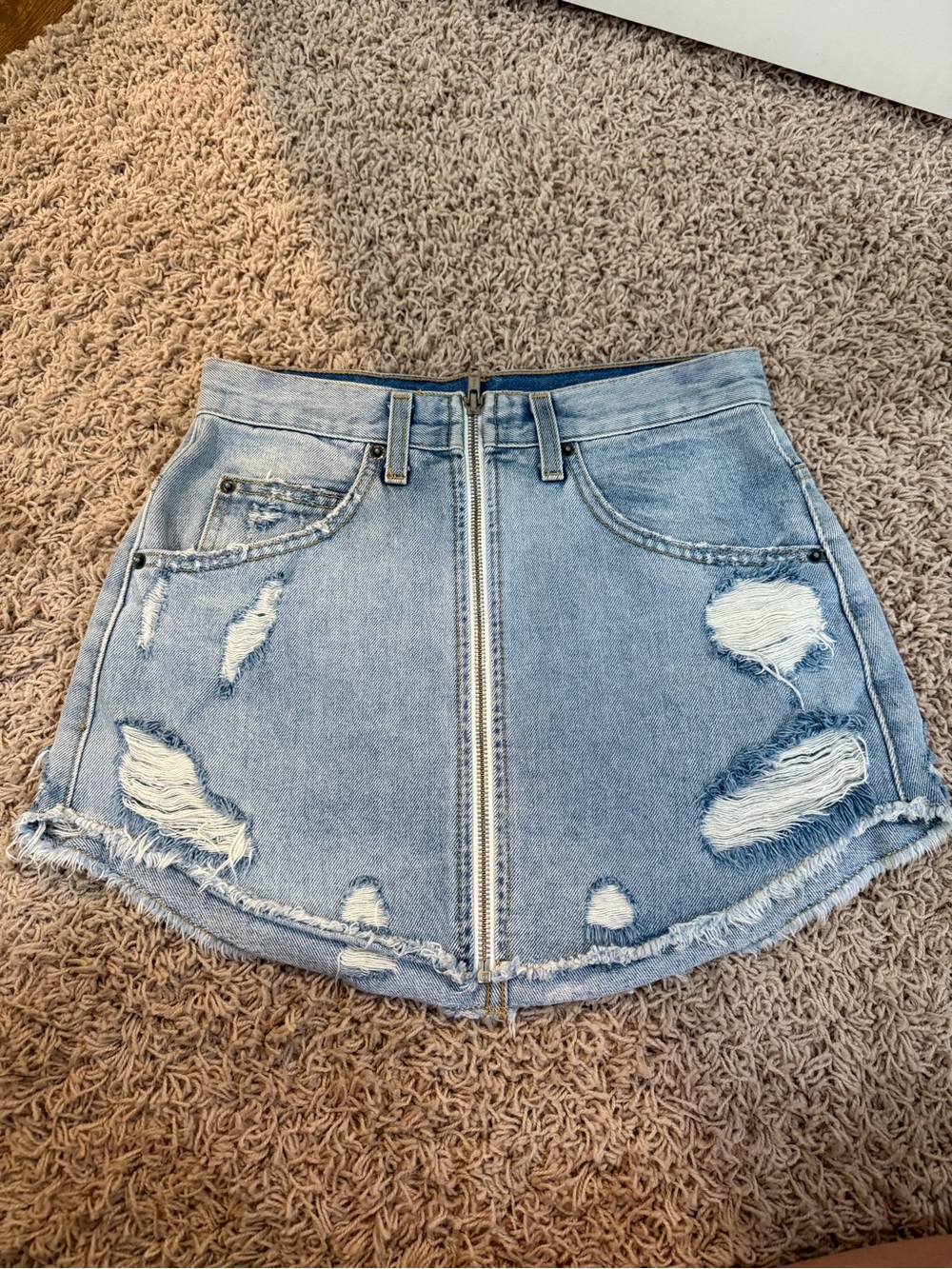 Carmar Light Blue Distressed Denim Mini Skirt with Front Zip
